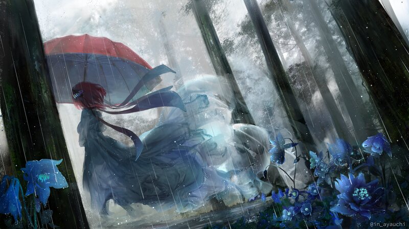 Person with Red Umbrella — Blue, Dramatic, Digital Art