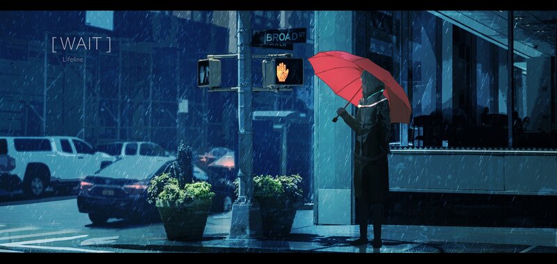 Person with Red Umbrella — Blue, Dramatic, Night, Digital Art