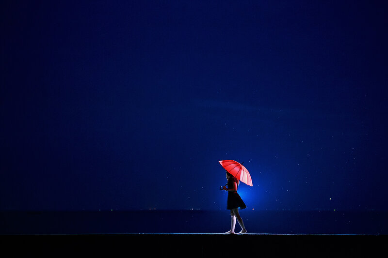 Person with Red Umbrella — Blue, Dramatic, Night