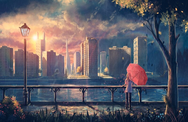 Person with Red Umbrella — Blue, Dramatic, Sunset