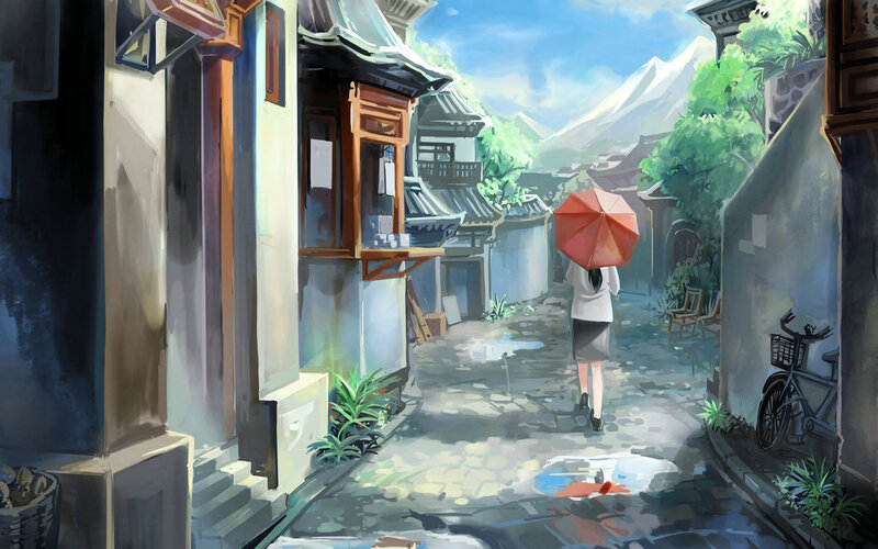 Person with Red Umbrella — Blue, Serene, Afternoon