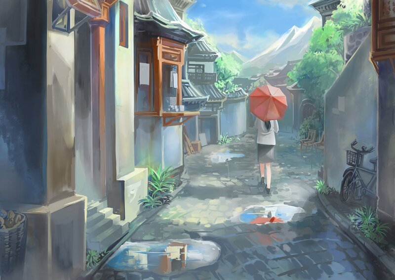 Person with Red Umbrella — Blue, Serene