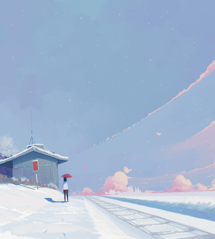 Person with Red Umbrella — Blue, Serene, Winter