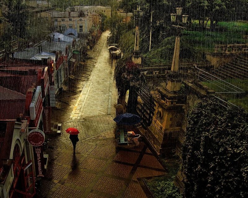 Person with Red Umbrella — Brown, Dreary