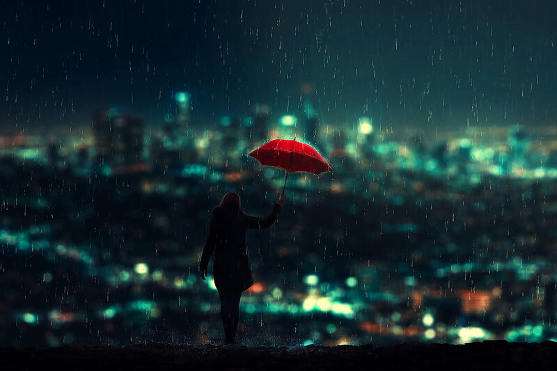Person with Red Umbrella — Dramatic, Night, Digital Art