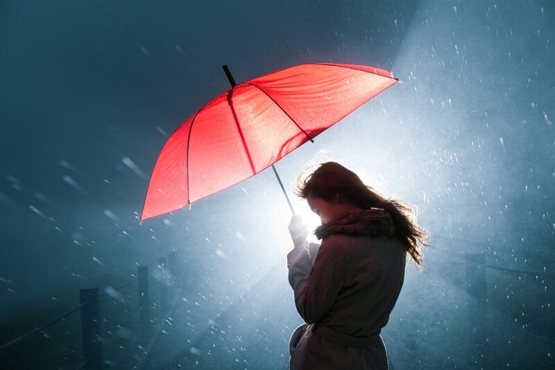 Person with Red Umbrella — Dramatic, Night, Photograph, Rain