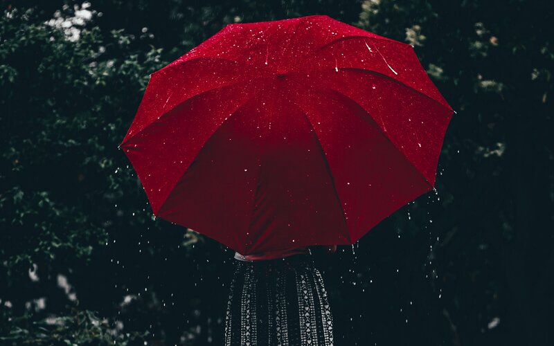 Person with Red Umbrella — Dramatic, Night, Photograph, Rain, Trees