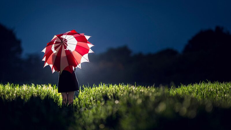 Person with Red Umbrella — Dramatic, Night, Photograph