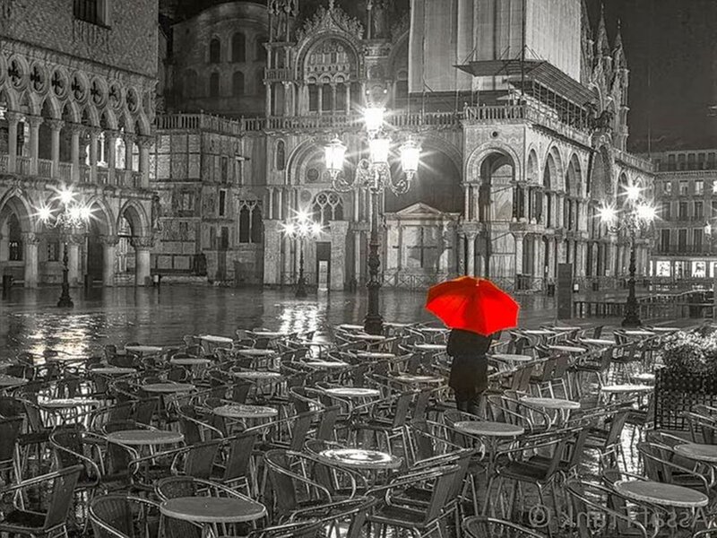 Person with Red Umbrella — Dramatic, Night