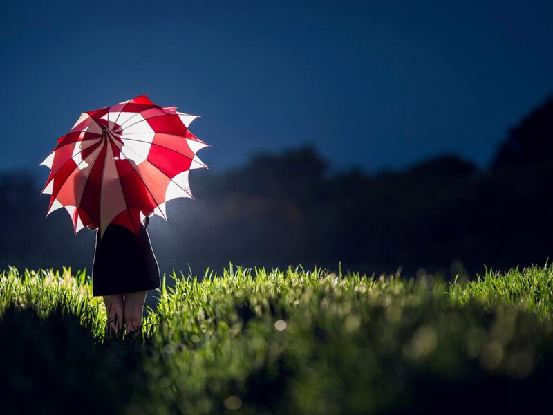 Person with Red Umbrella — Dramatic, Sunset