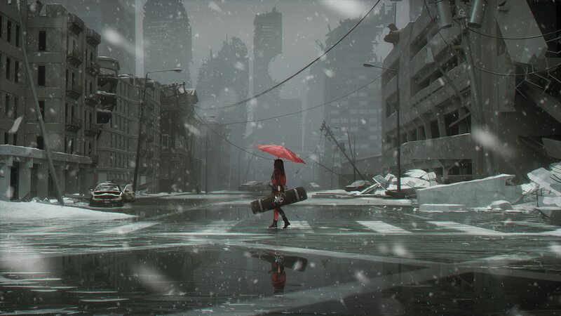 Person with Red Umbrella — Gray, Dramatic
