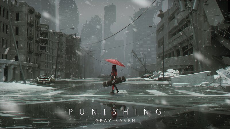 Person with Red Umbrella — Gray, Dramatic, Winter