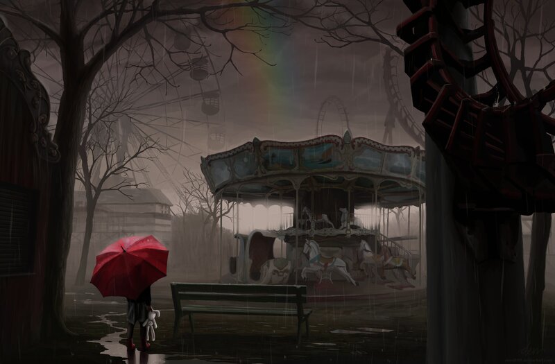 Person with Red Umbrella — Gray, Melancholic, Night