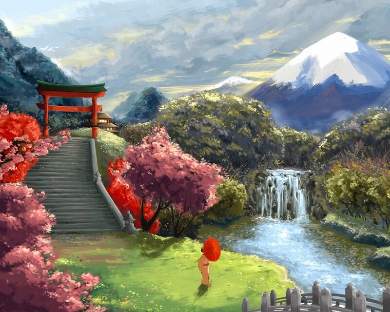 Person with Red Umbrella — Green, Serene, Spring