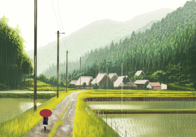 Person with Red Umbrella — Green, Serene