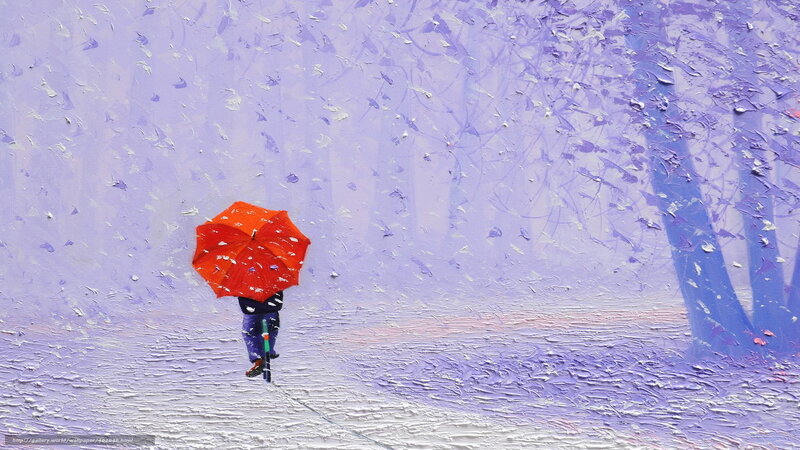 Person with red umbrella in snow