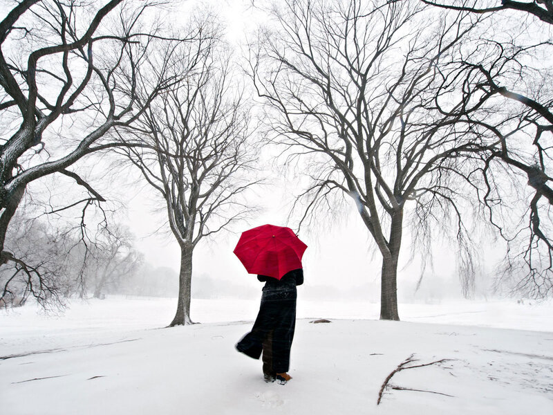 Person with red umbrella in snow