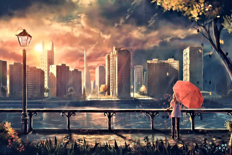 Person with Red Umbrella — Orange, Dramatic