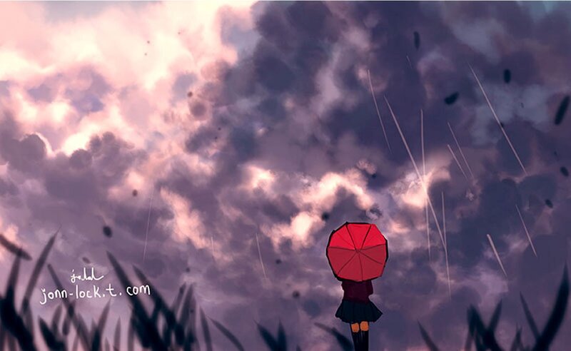 Person with Red Umbrella — Purple, Dramatic