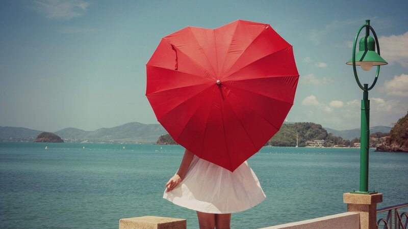Person with Red Umbrella — Serene, Afternoon, Photograph, Sea