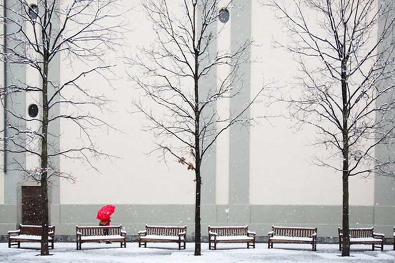 Person with Red Umbrella — White, Calm