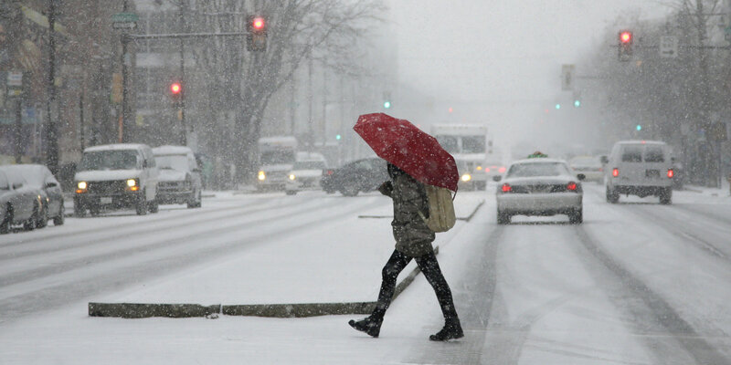 Person with Red Umbrella — White, Cold, Winter, Photograph, Cars