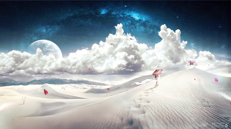 Person with Red Umbrella — White, Serene