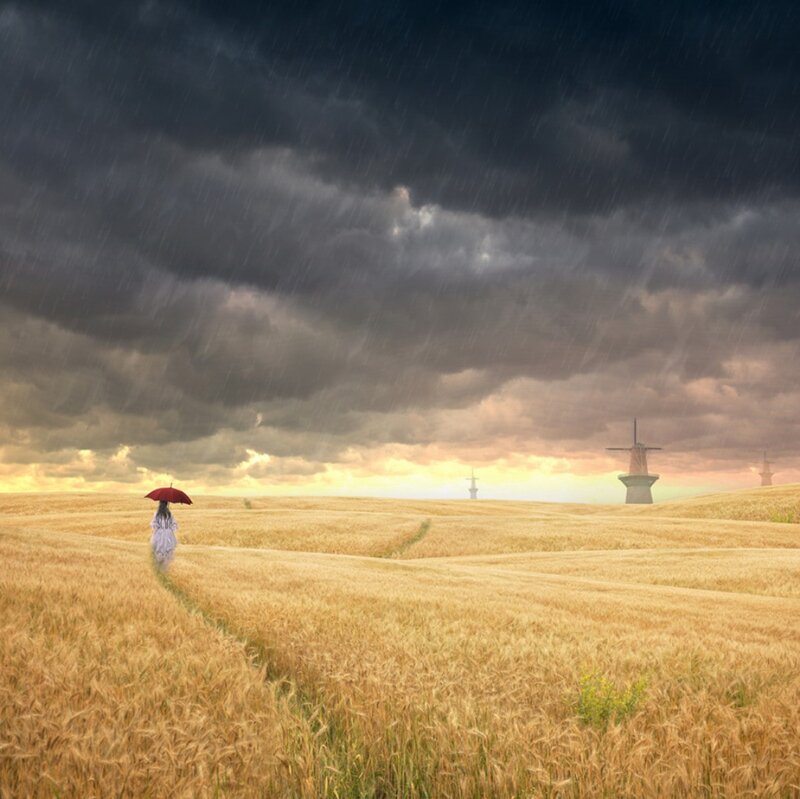 Person with Red Umbrella — Yellow, Dramatic