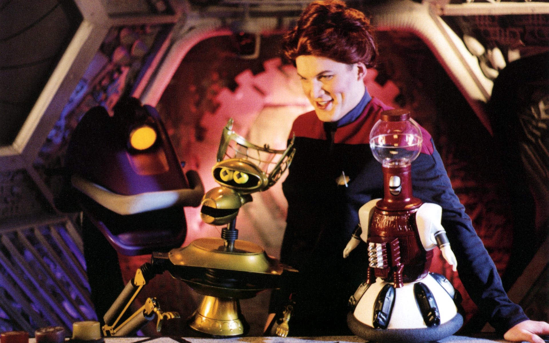 Person with robots in a sci-fi setting