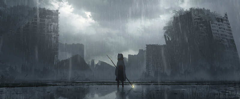 Person with Staff in Ruins — Gray, Dramatic