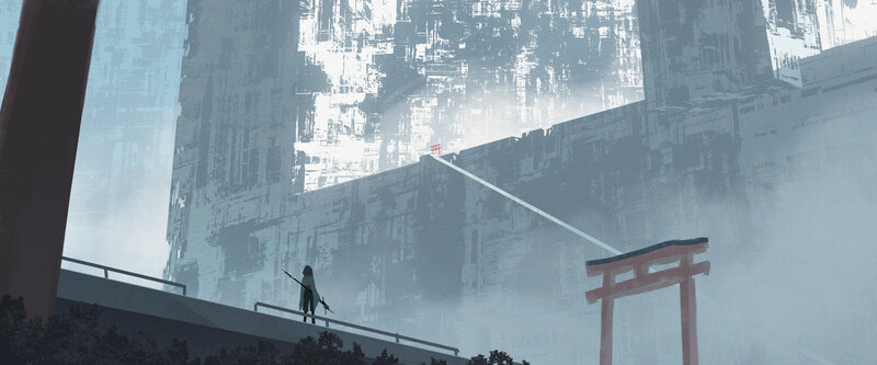 Person with Staff on Bridge