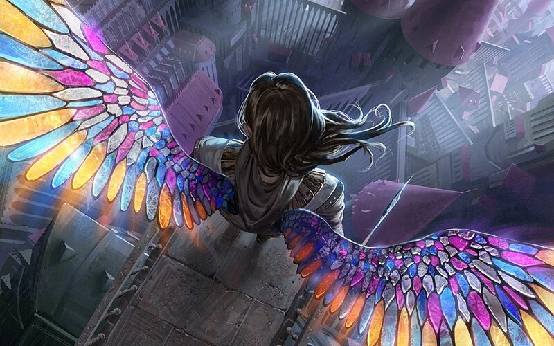Person with Stained-glass Wings — Purple, Dramatic, Night, Digital Art, City, Debris