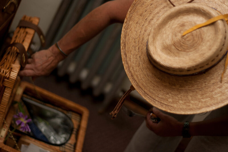 Person with straw hat and picnic basket