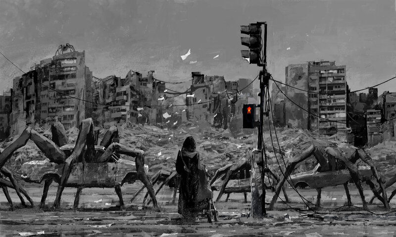Person with Stroller in Ruins