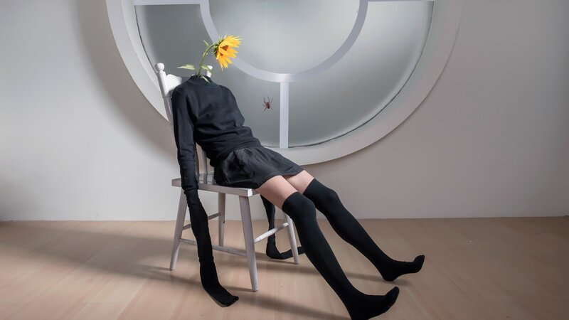 Person with Sunflower Head — Black, Surreal