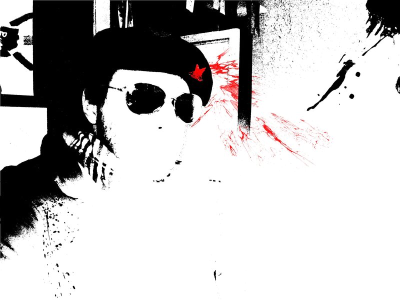 person with sunglasses and red splatter