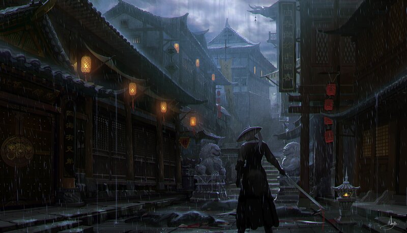 Person with Sword in Alley — Black