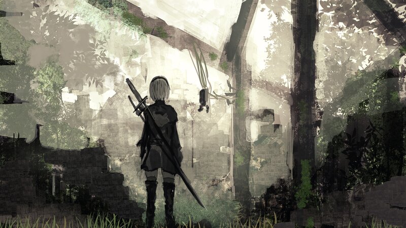Person with Sword in Ruins — Green
