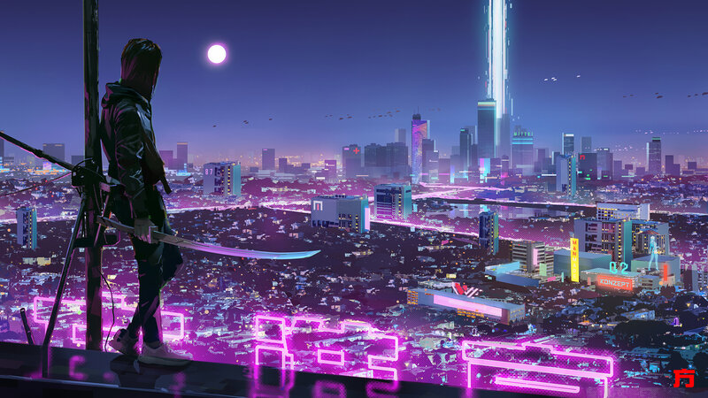 Person with Sword on Rooftop — Purple
