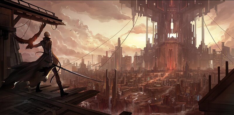 Person with Sword on Rooftop