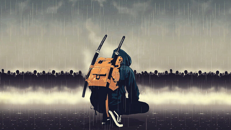 Person with Swords in Rain