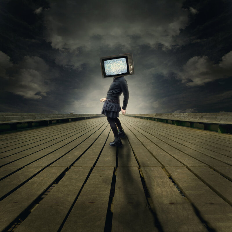 person with television head on pier
