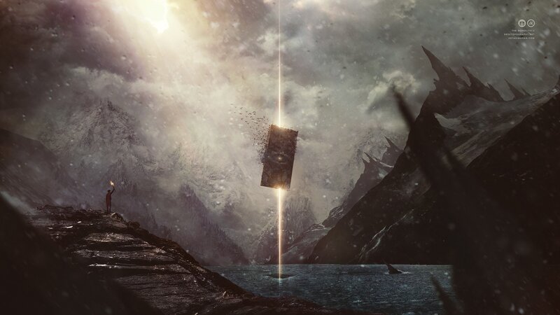 Person with Torch in Mountains