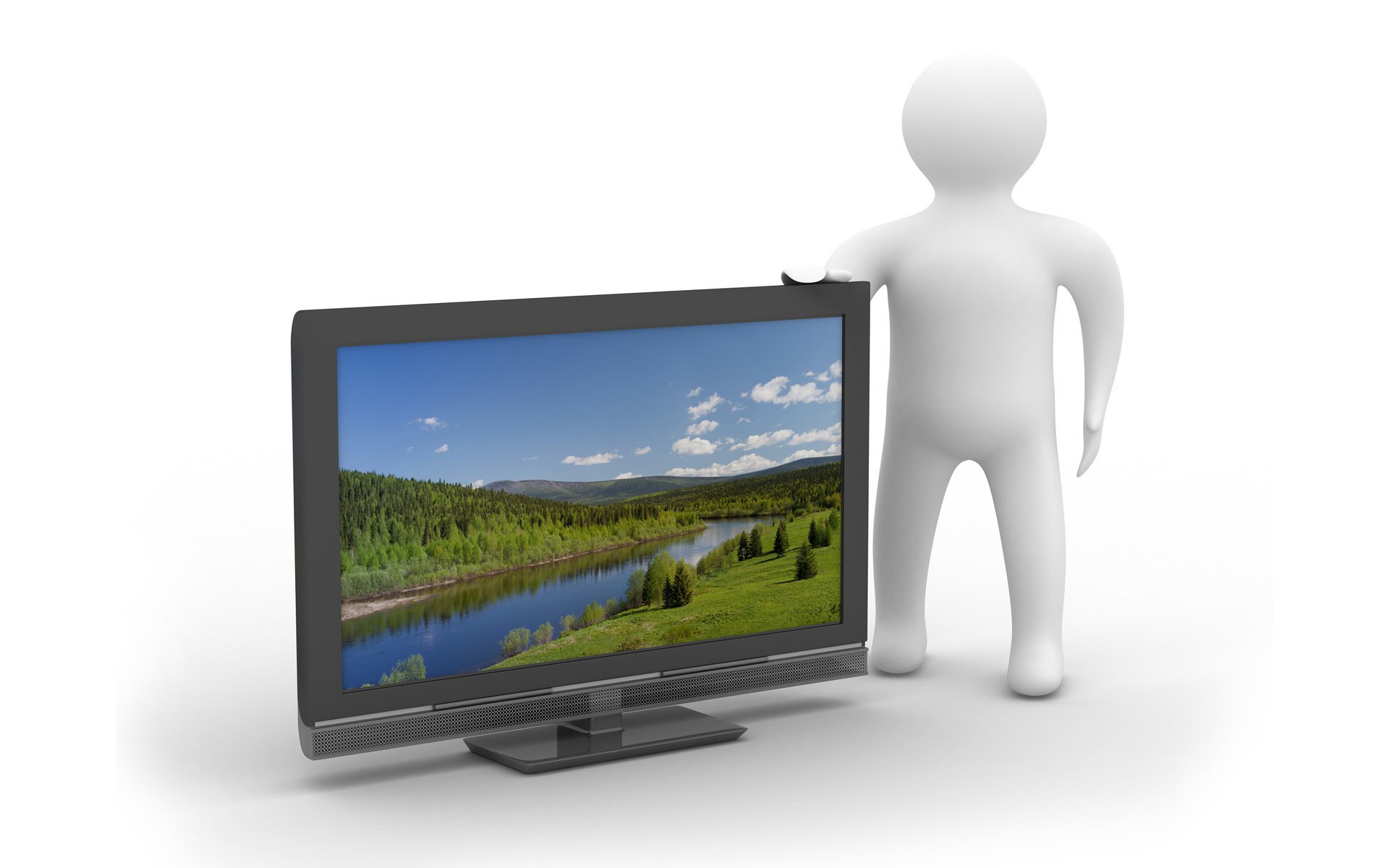 person with TV displaying landscape