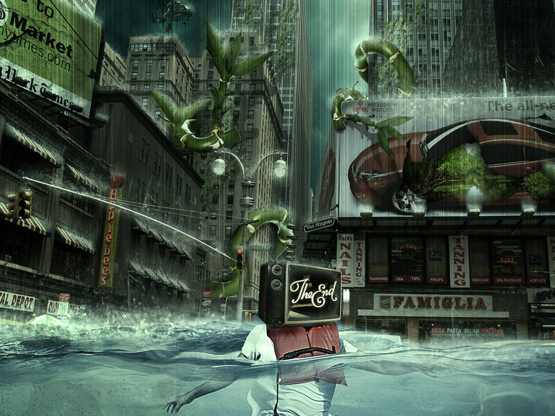 Person with TV Head — Green, Dystopian, Digital Art, Flooded City, Billboard, Helicopter