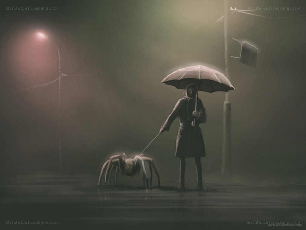 Person with umbrella and spider