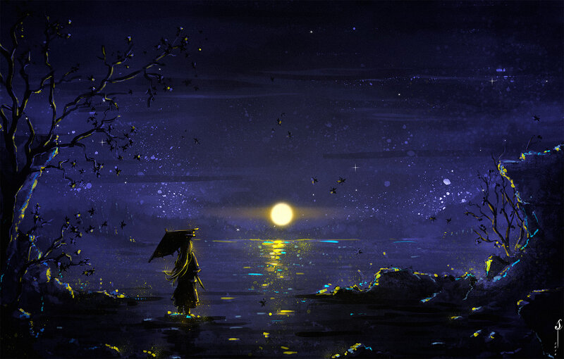 Person with Umbrella at Night — Purple