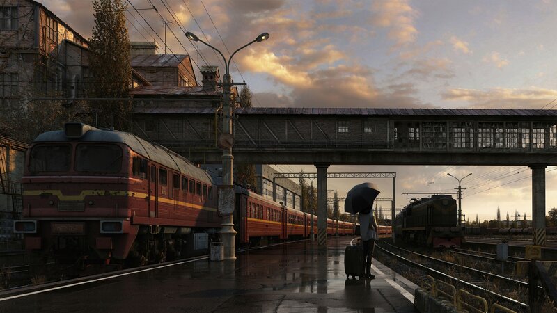 Person with Umbrella at Train Station