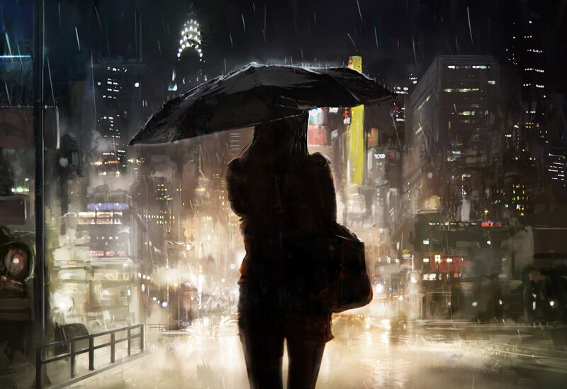 Person with Umbrella — Black, Dramatic, Night, Digital Art, Cityscape