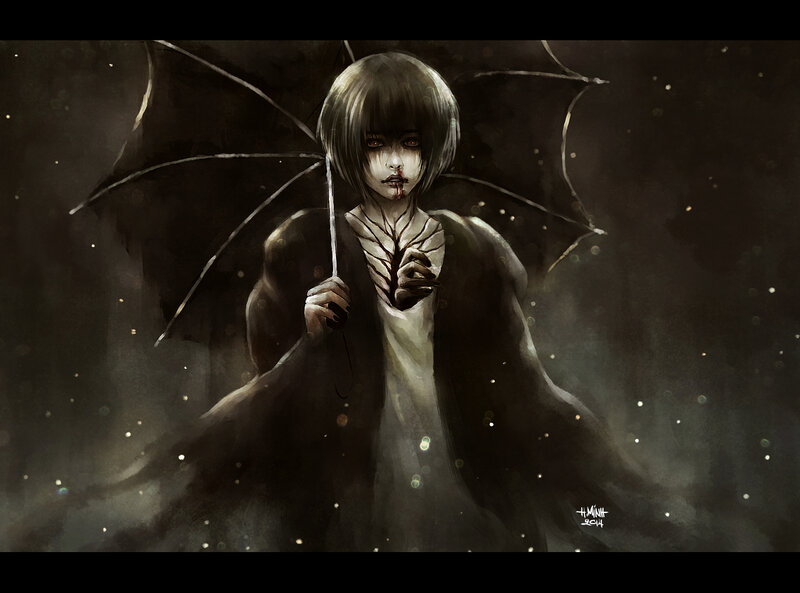 Person with Umbrella — Black, Dramatic, Night, Digital Art